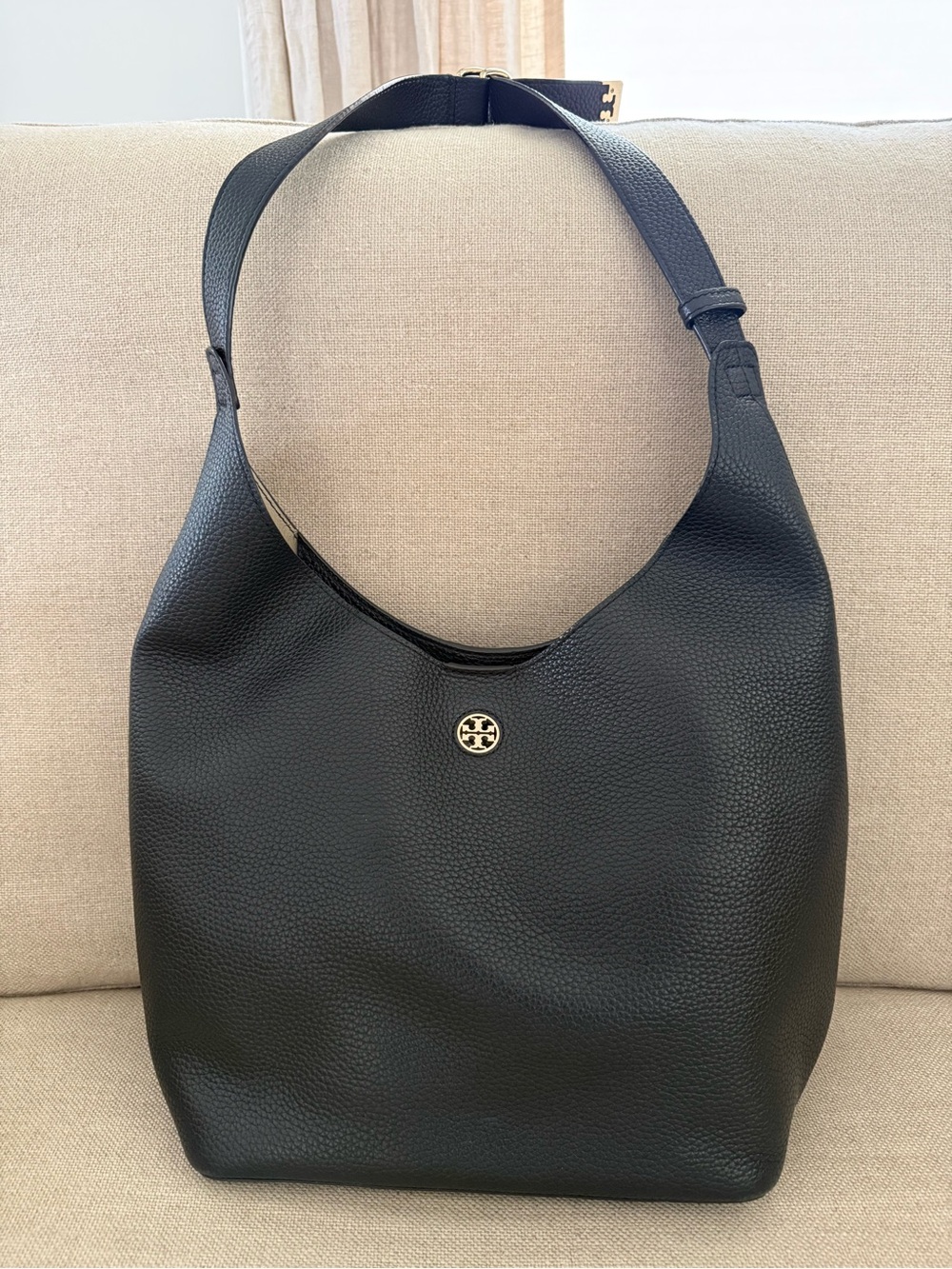 Tory Burch Black Pebbled Leather Hobo with Gold Logo